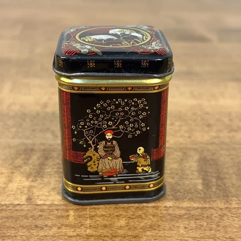 VTG Tin Box Storage Red Black Chinese Tea Herbs Medicine Spices Hong Kong 2.5